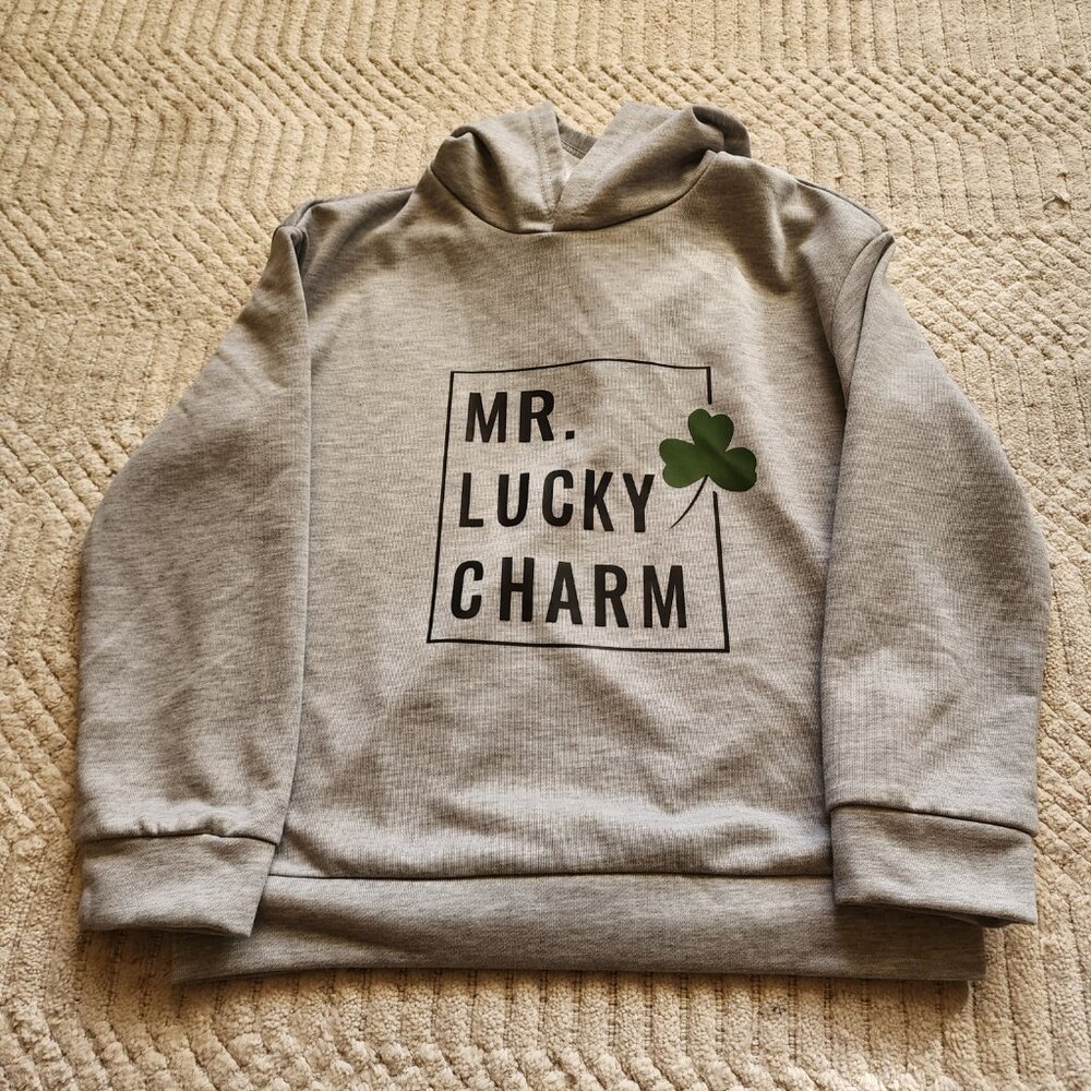 Kids Gray “MR. LUCKY CHARM” Shamrock Hoodie Size L - Picture 5 of 16